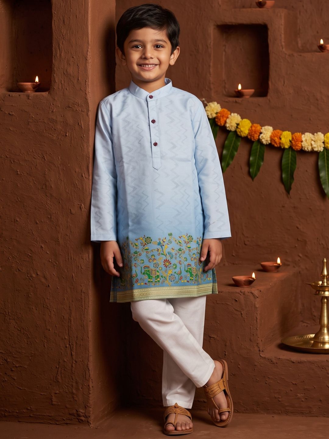 AJ Dezines Blue Elephant Printed Cotton Blend Kurta Pyjama Set For Boys