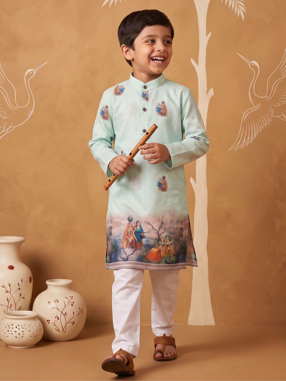 AJ Dezines Green Mythological Print Cotton Blend Kurta Pyjama Set For Boys