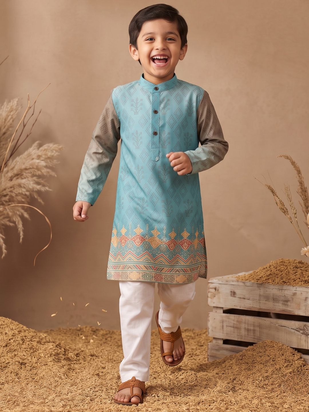AJ Dezines Sky Blue Ethnic Print Cotton Blend Kurta Pyjama Set For Boys