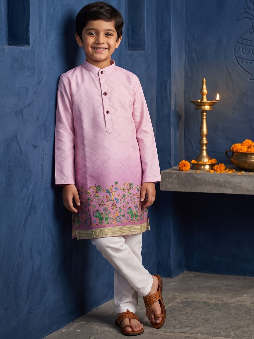 AJ Dezines Pink Elephant Printed Cotton Blend Kurta Pyjama Set For Boys