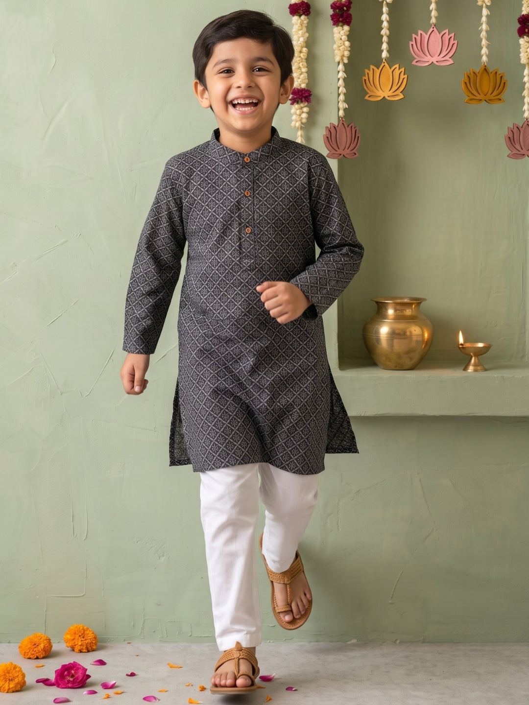 AJ Dezines Black Floral Geometric Print Cotton Blend Kurta Pyjama Set For Boys