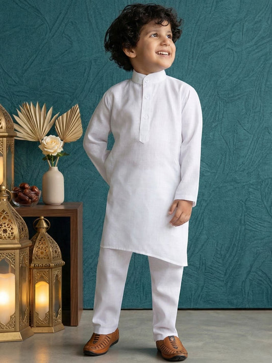 Kids Holi Boys White Solid Cotton Kurta Pyjama Set