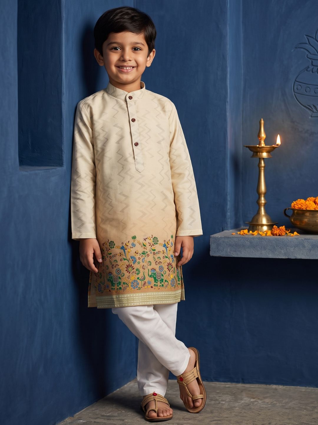 AJ Dezines Yellow Elephant Printed Cotton Blend Kurta Pyjama Set For Boys