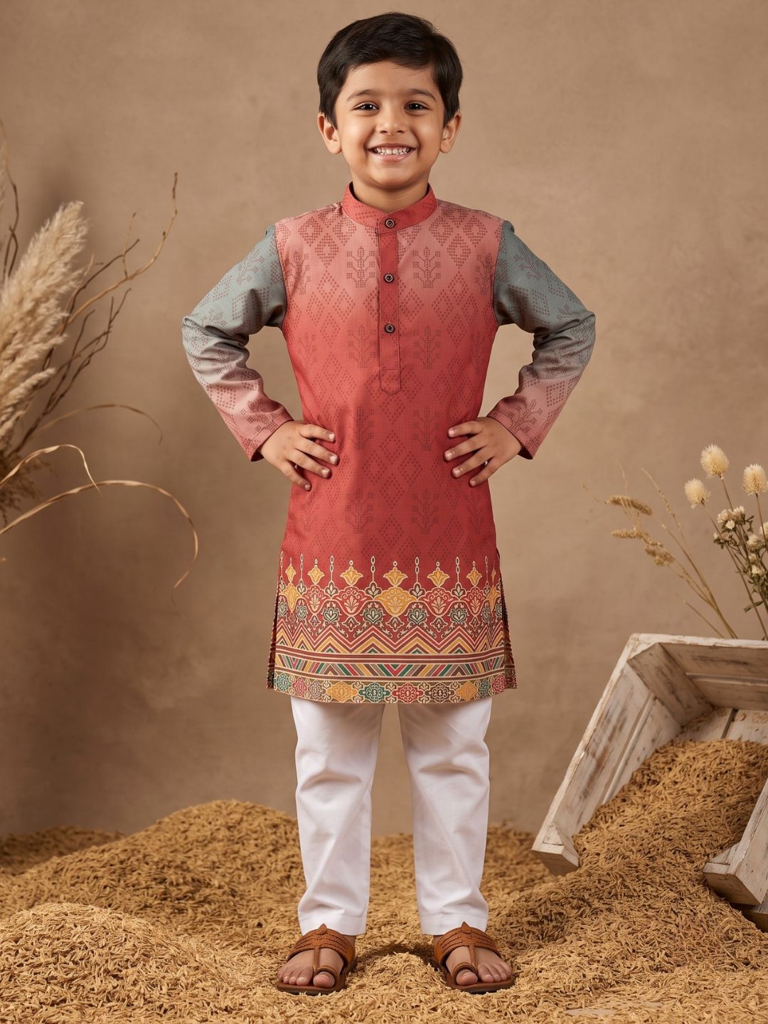 AJ Dezines Red Ethnic Print Cotton Blend Kurta Pyjama Set For Boys