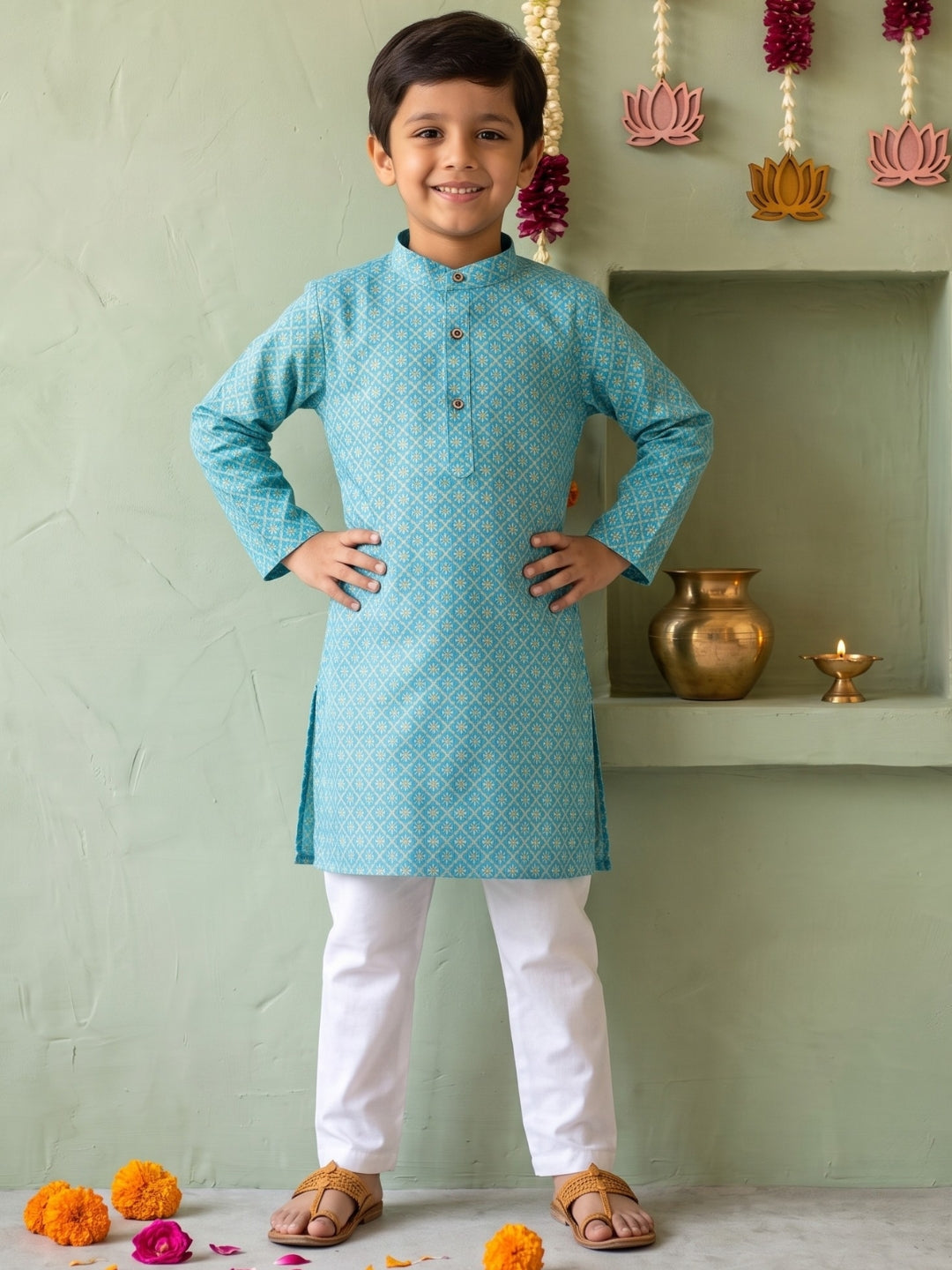 AJ Dezines Blue Floral Geometric Print Cotton Blend Kurta Pyjama Set For Boys
