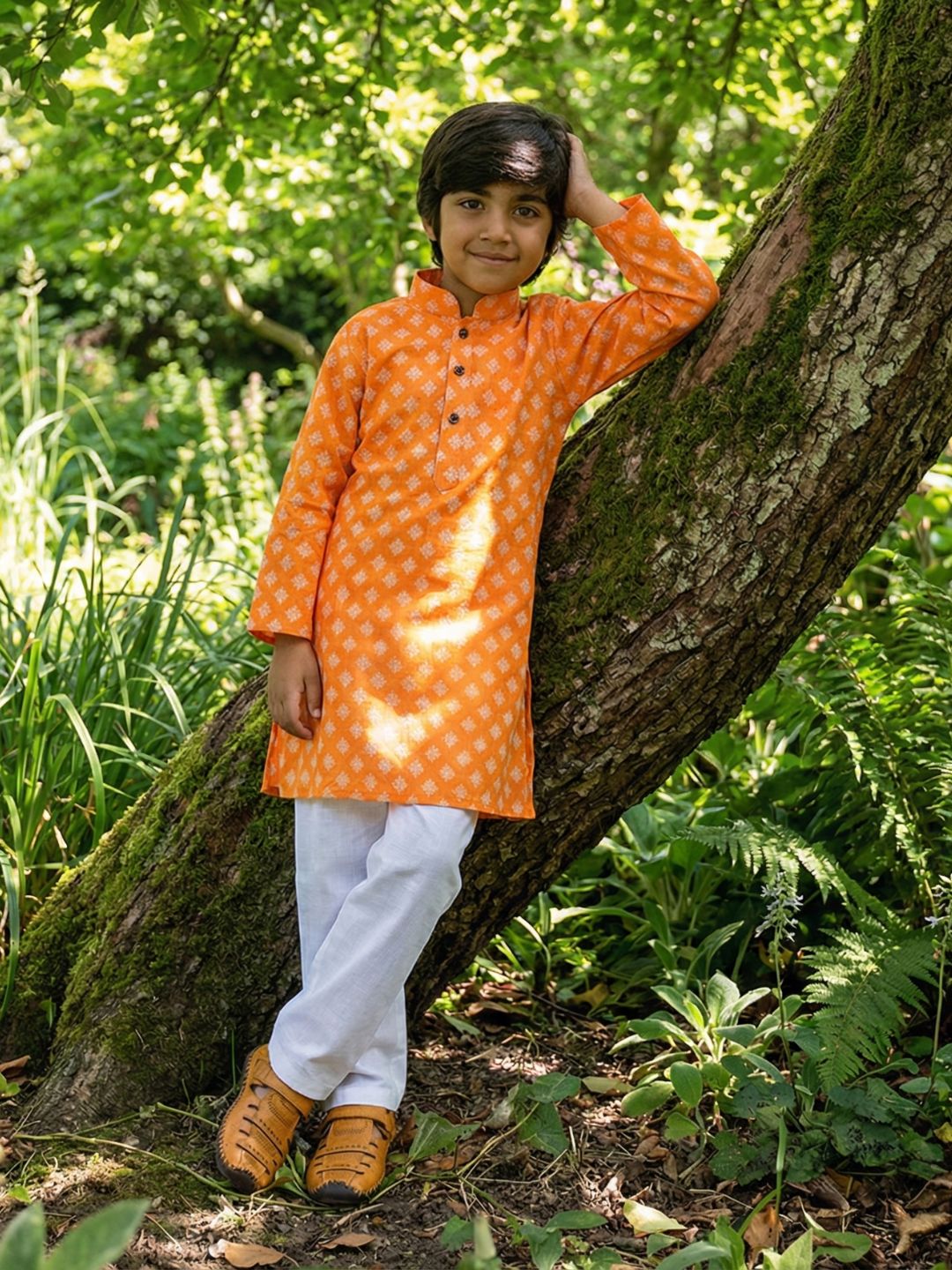 Kids Boys Orange Printed Cotton Kurta Pyjama Set - AJ Dezines