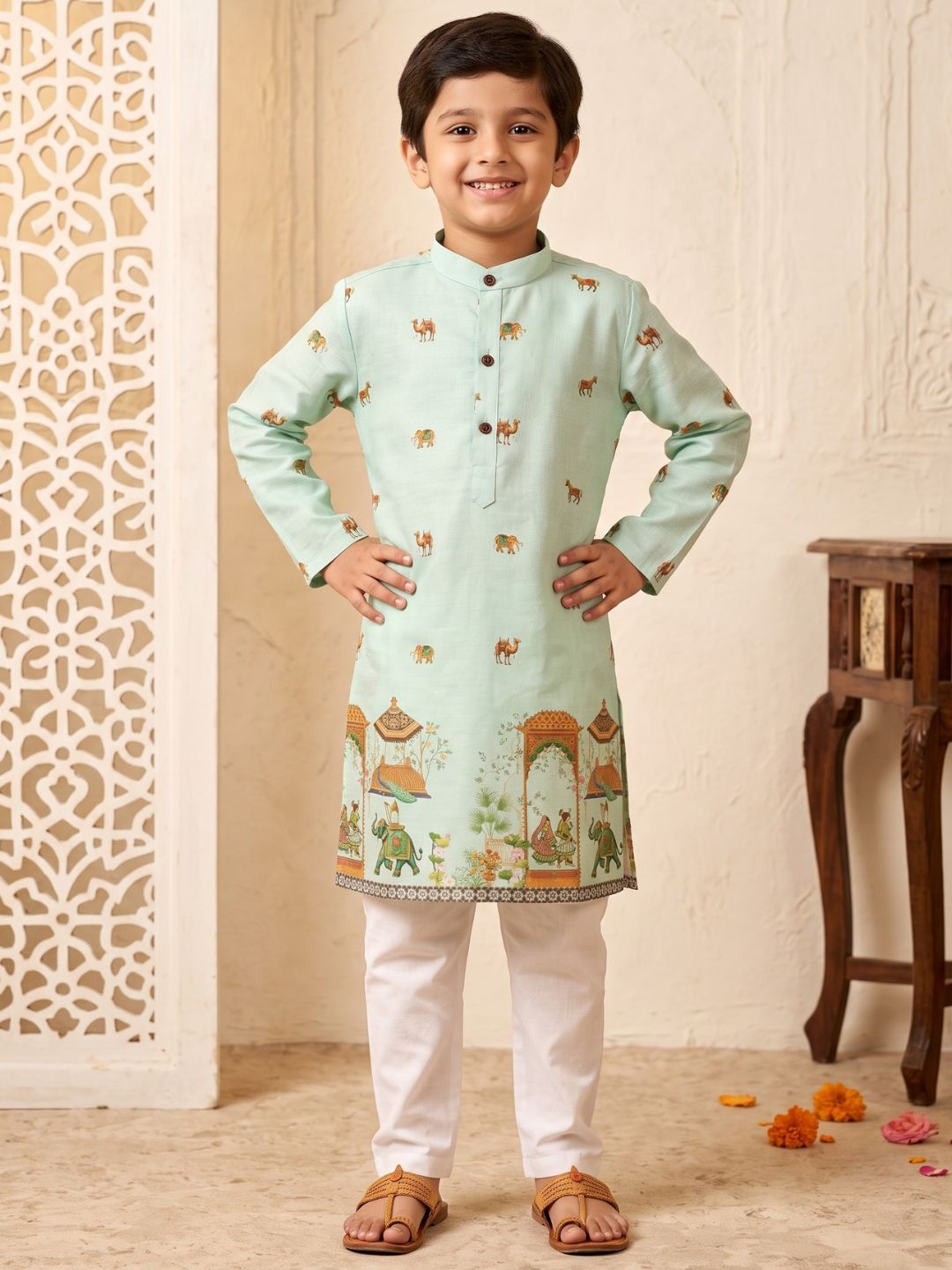 AJ Dezines Green Elephant & Traditional Ethnic Print Cotton Blend Kurta Pyjama Set For Boys