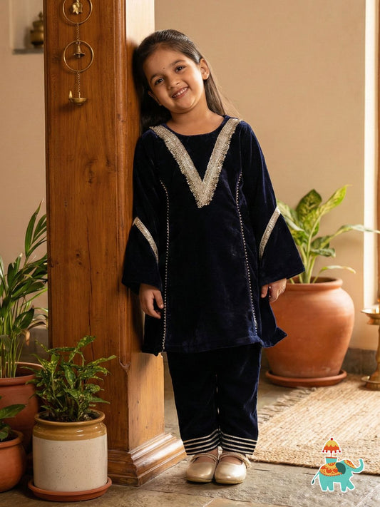 AJ Dezines Navy Blue Velvet Full Sleeves Solid Girls Suit Set