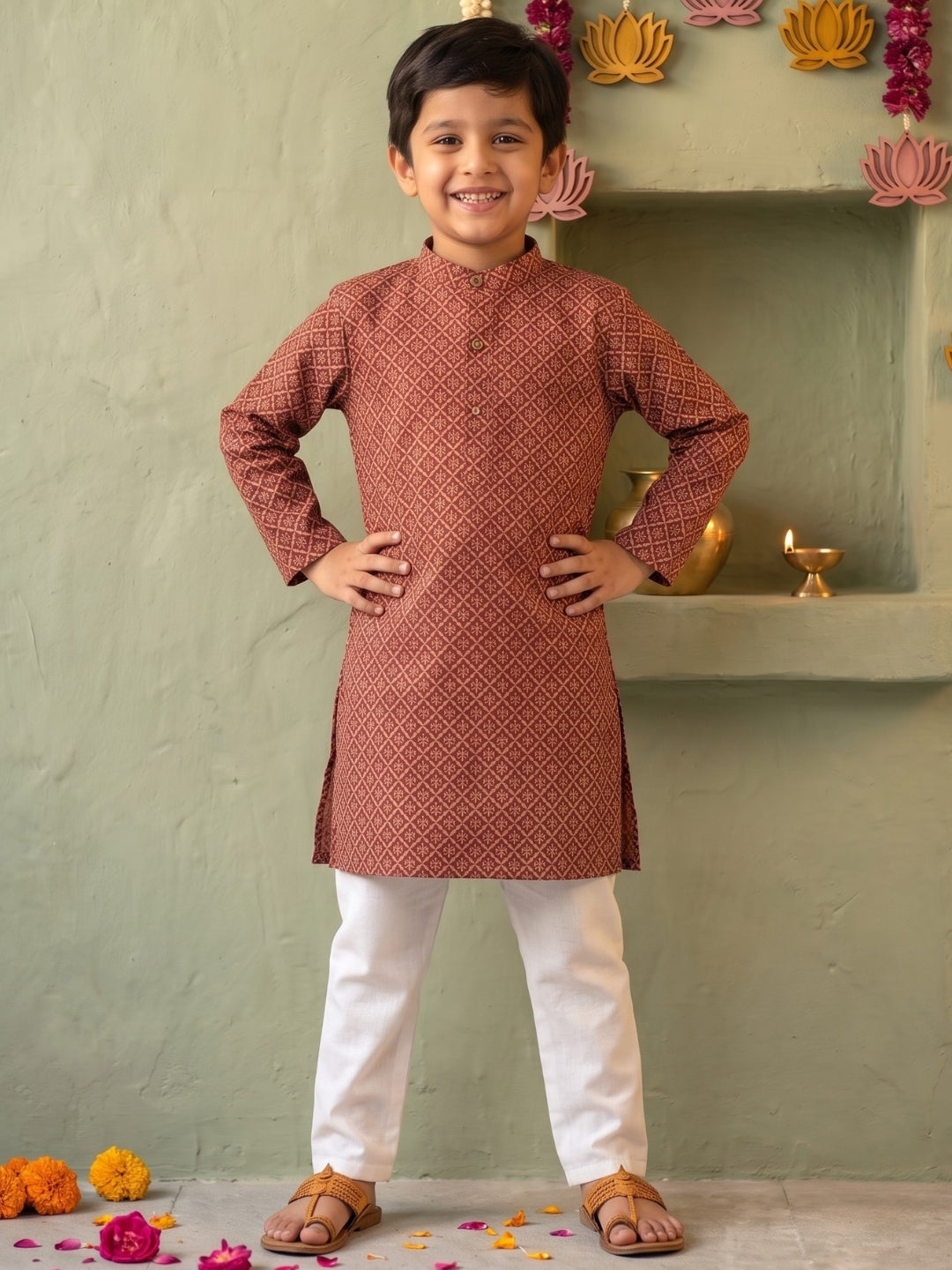 AJ Dezines Red Floral Geometric Print Cotton Blend Kurta Pyjama Set For Boys