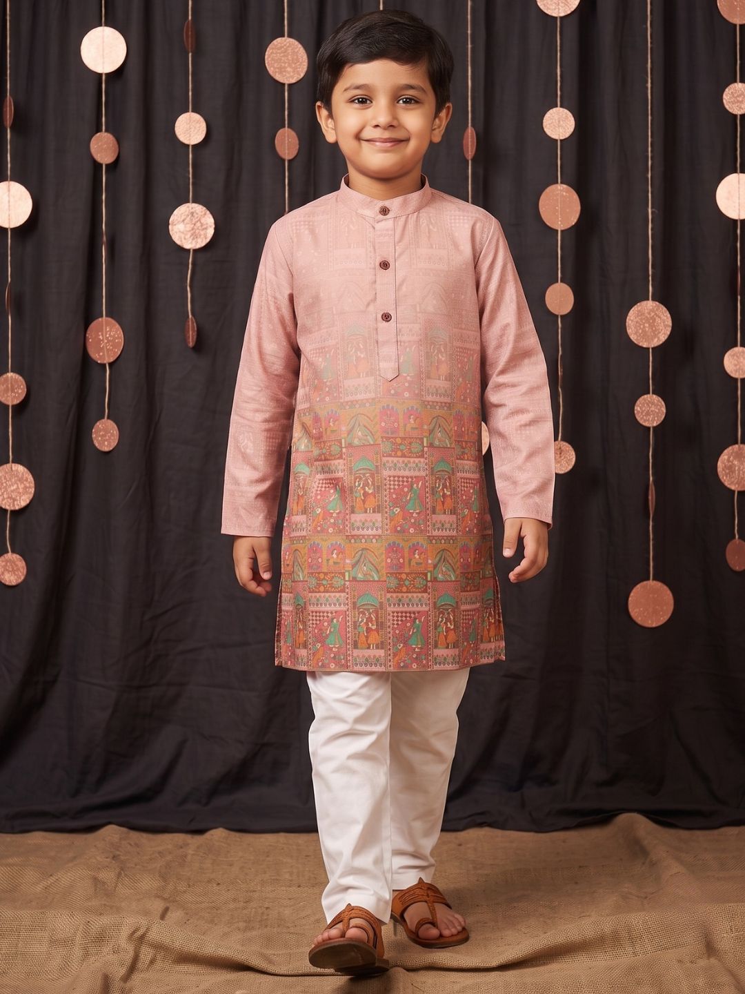 AJ Dezines Pink Ethnic Print Cotton Blend Kurta Pyjama Set For Boys