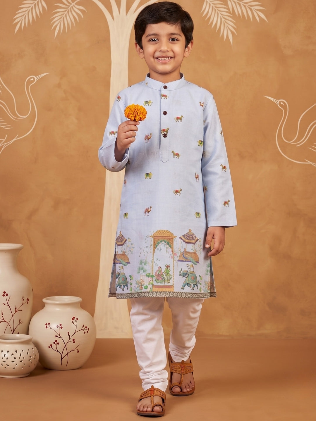 AJ Dezines Blue Elephant & Traditional Ethnic Print Cotton Blend Kurta Pyjama Set For Boys