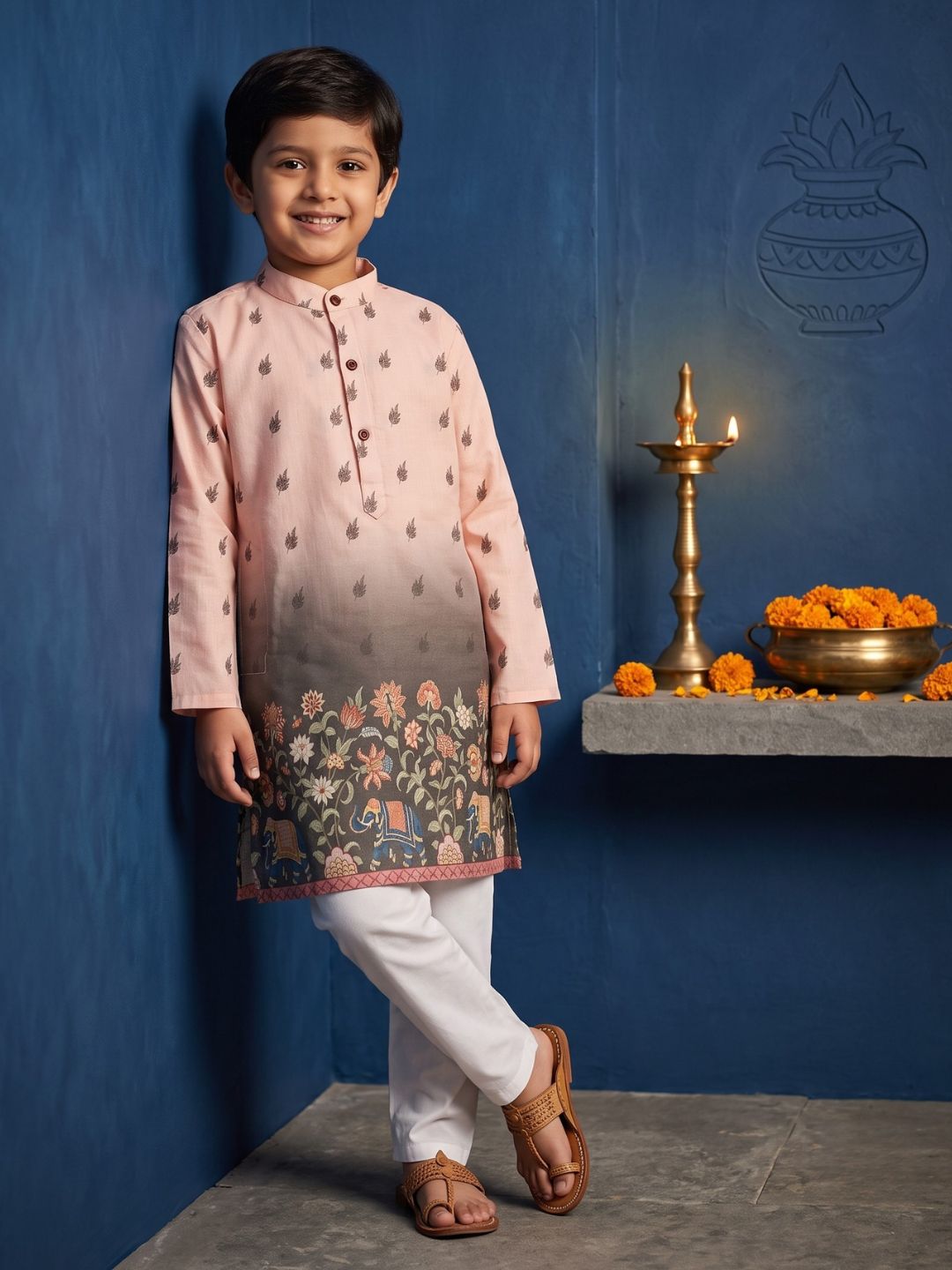 AJ Dezines Pink Floral Elephant Printed Cotton Blend Kurta Pyjama Set For Boys