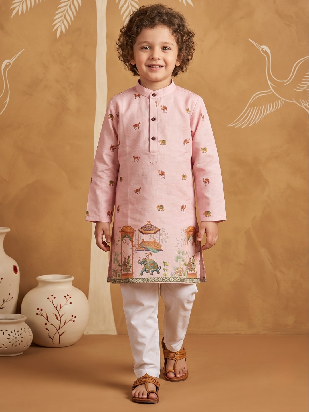 AJ Dezines Pink Elephant & Traditional Ethnic Print Cotton Blend Kurta Pyjama Set For Boys