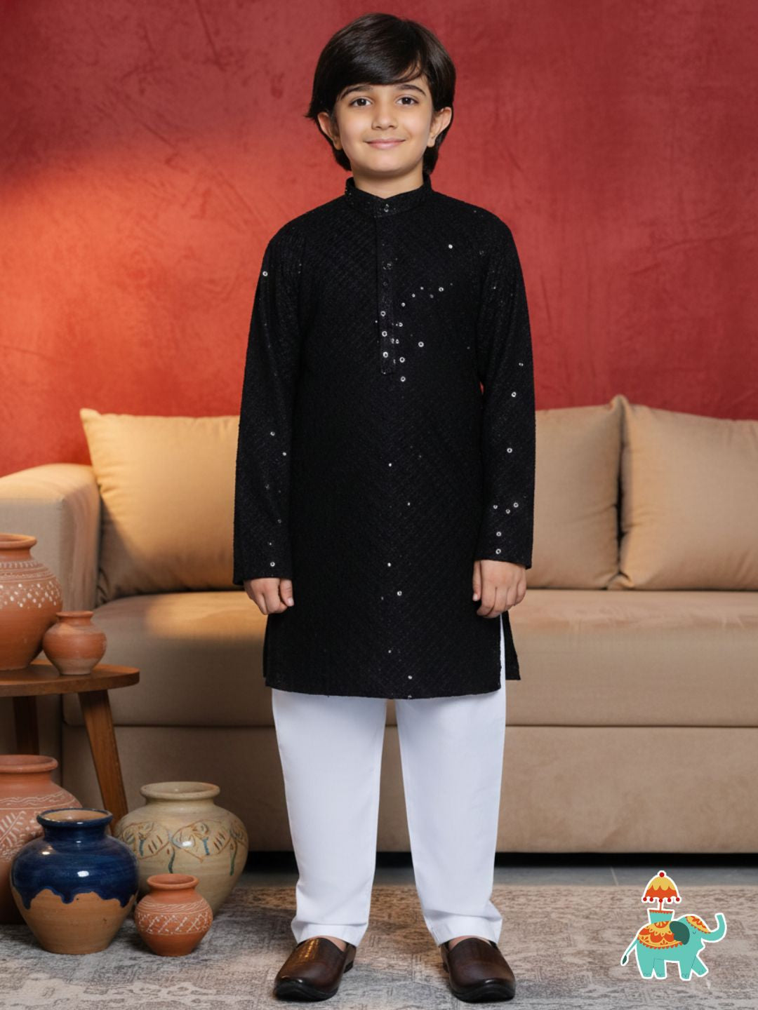 Aj Dezines Black Schiffli Full Sleeves Embroidered Kurta Pyjama Set For Boys