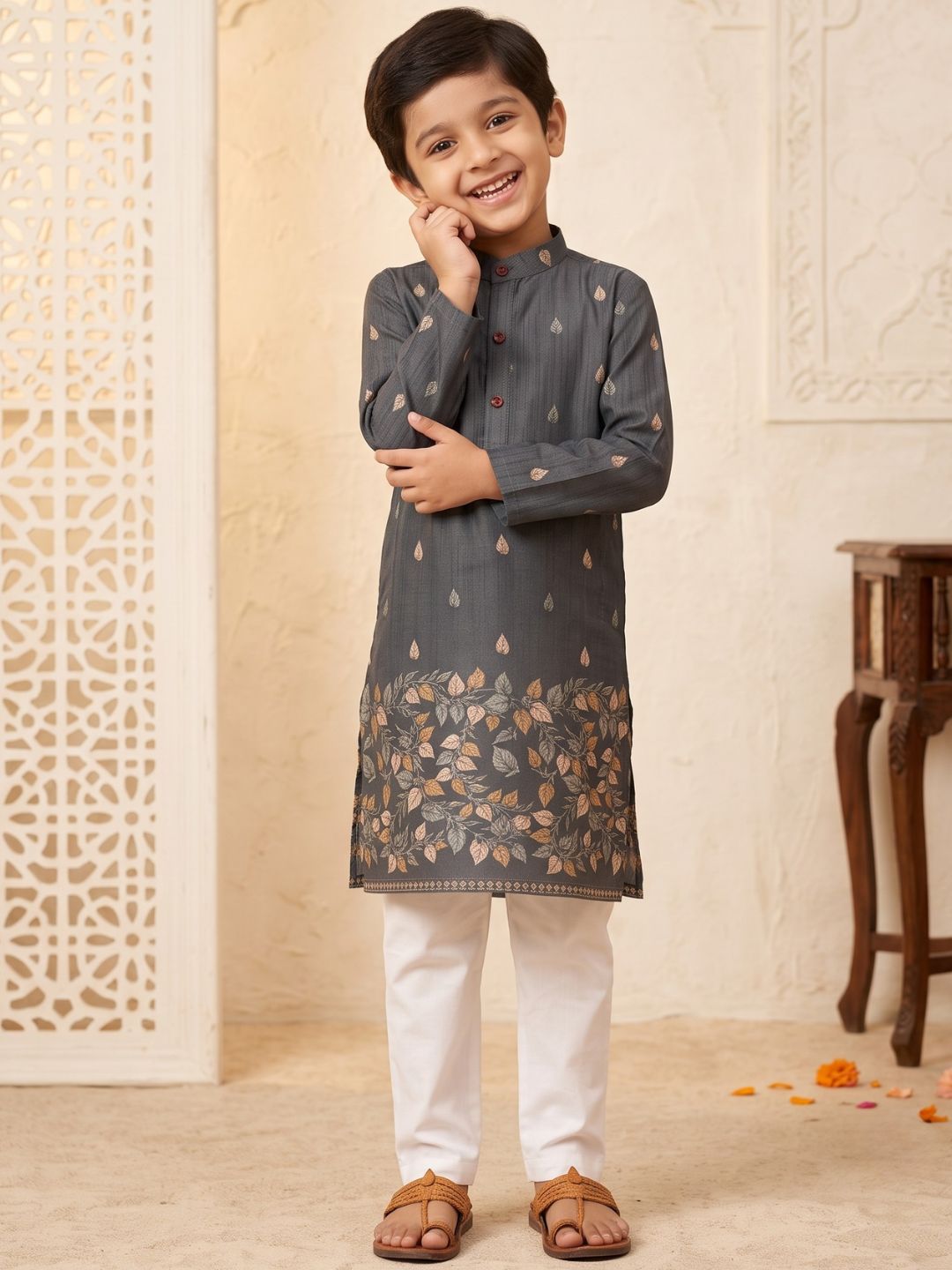 AJ Dezines Grey Leaf Print Cotton Blend Kurta Pyjama Set For Boys