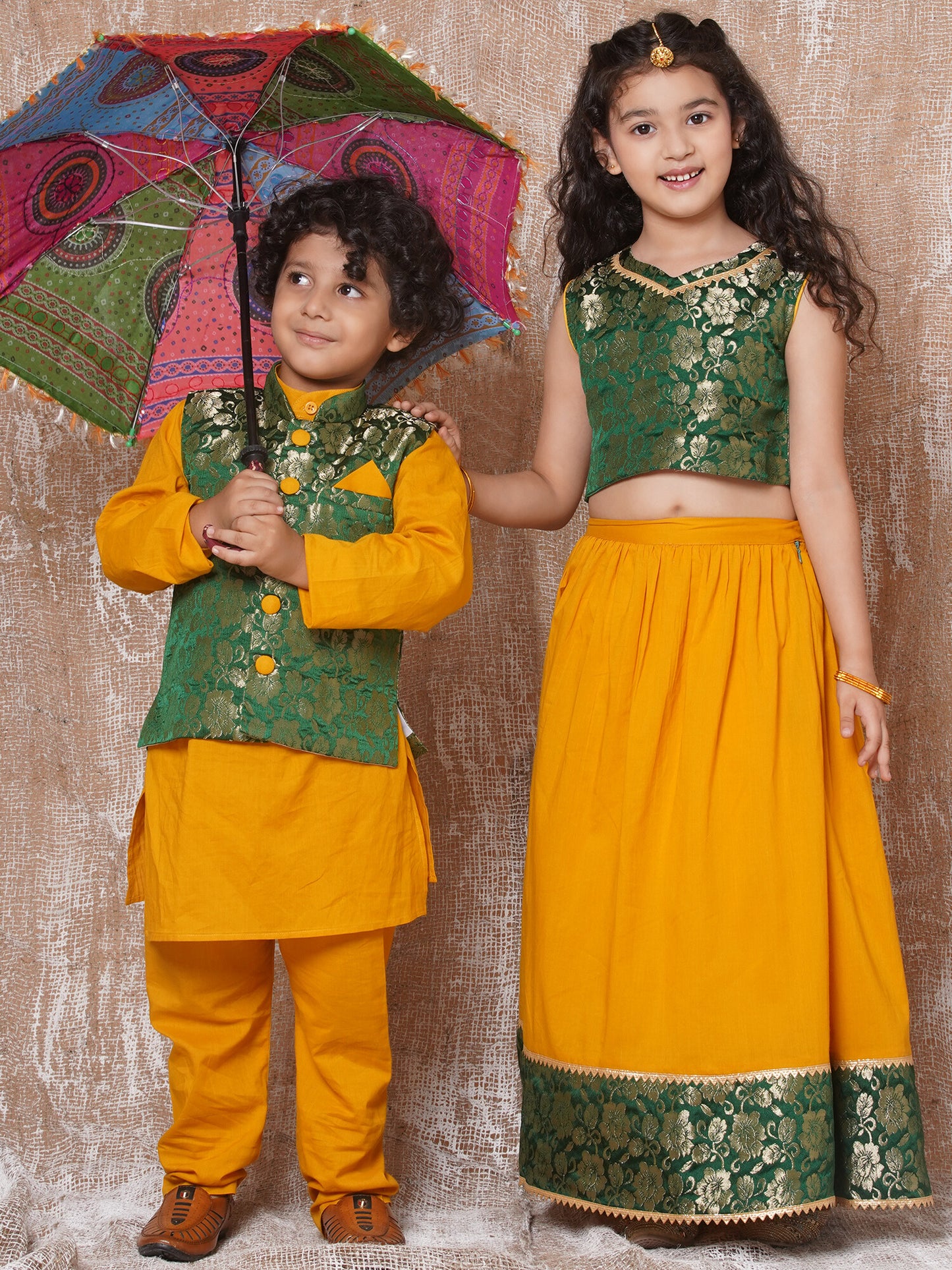 Boys Kurta Pyjamas with Waistcoat and Girls Lehenga Choli Sibling SetsYellow