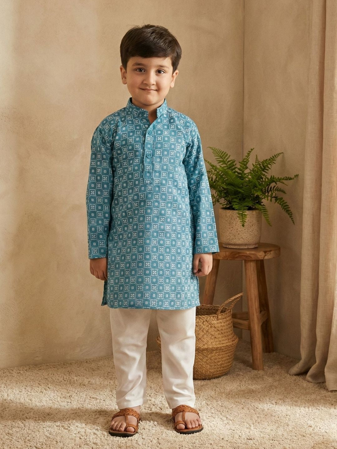 Boys Blue Cotton Full Sleeves Printed Kurta Pyjama Set