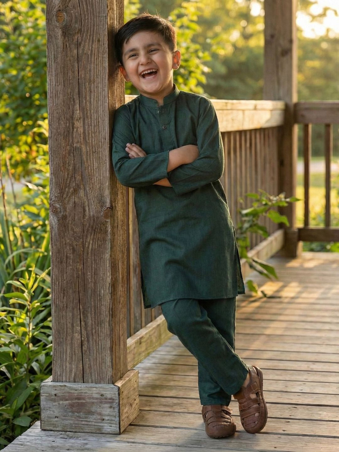 Boys Dark Green Cotton Full sleeves Solid Kurta Pyjama Set