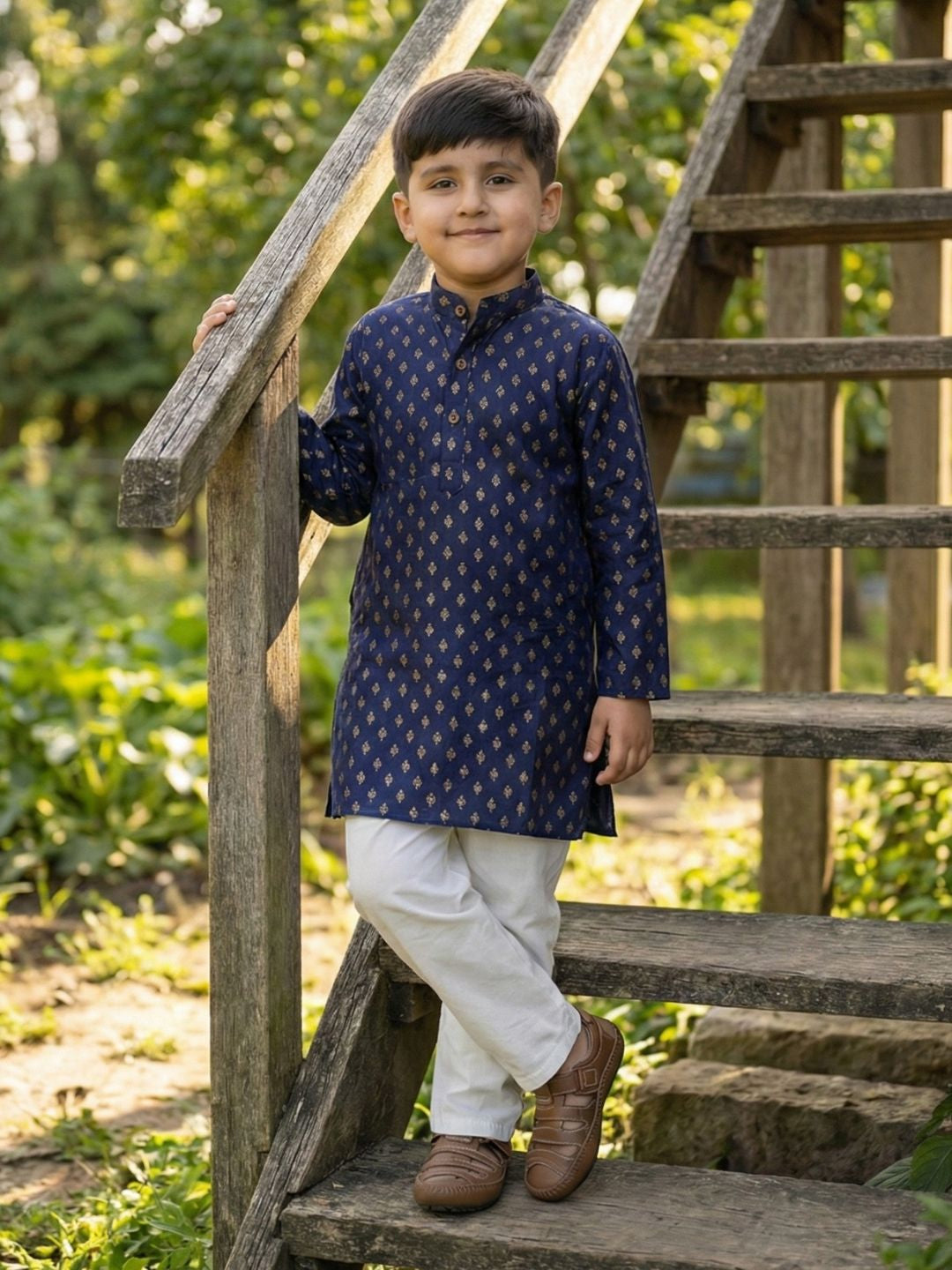 Boys Blue Cotton Full sleeves Foil Printed Kurta Pyjama Set