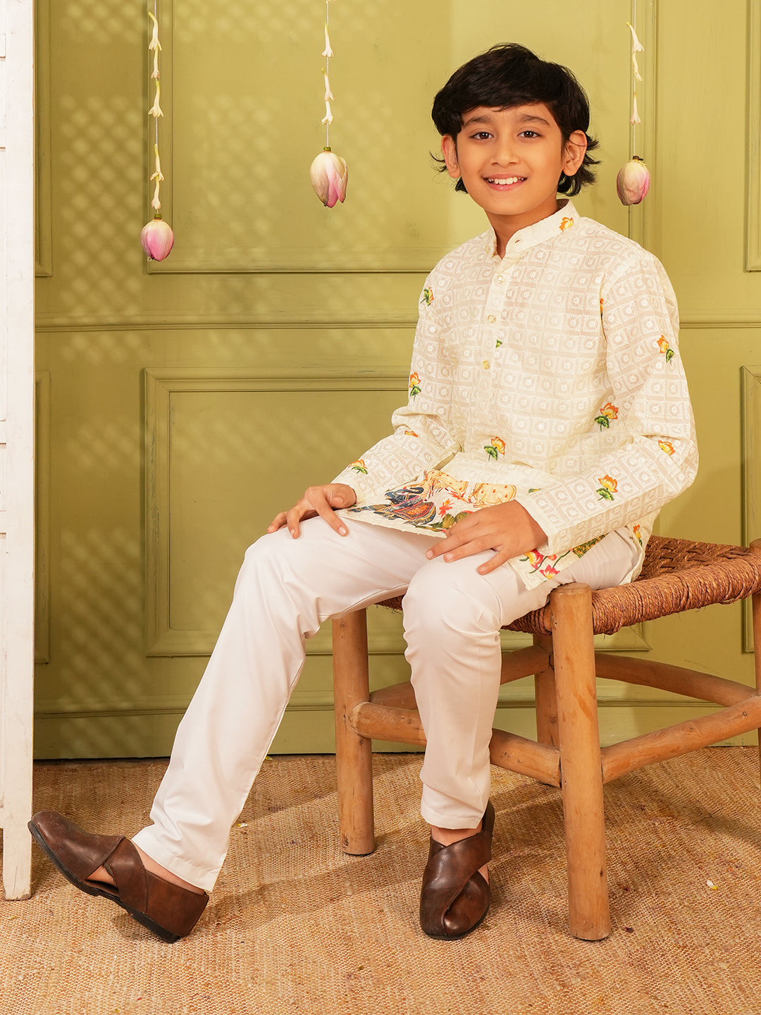 Yellow Trendy Printed Chikankari Kurta and Pyjama For Boys