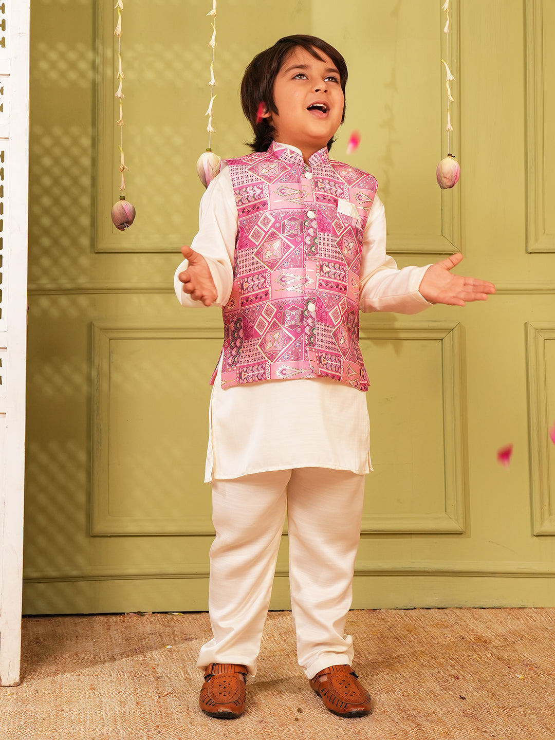 Pink Printed and Shinny Cotton Blend Kurta Pyjama Waist Coat Set For Boys