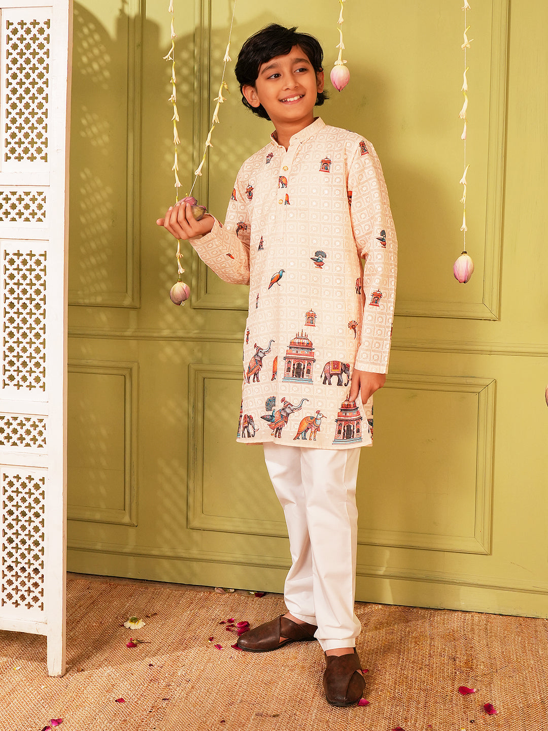 Cream Trendy Printed Chikankari Kurta and Pyjama For Boys