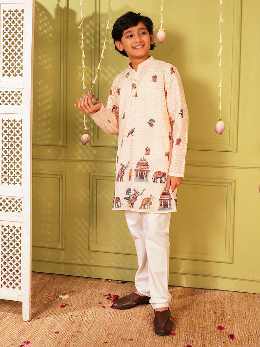 Cream Trendy Printed Chikankari Kurta and Pyjama For Boys