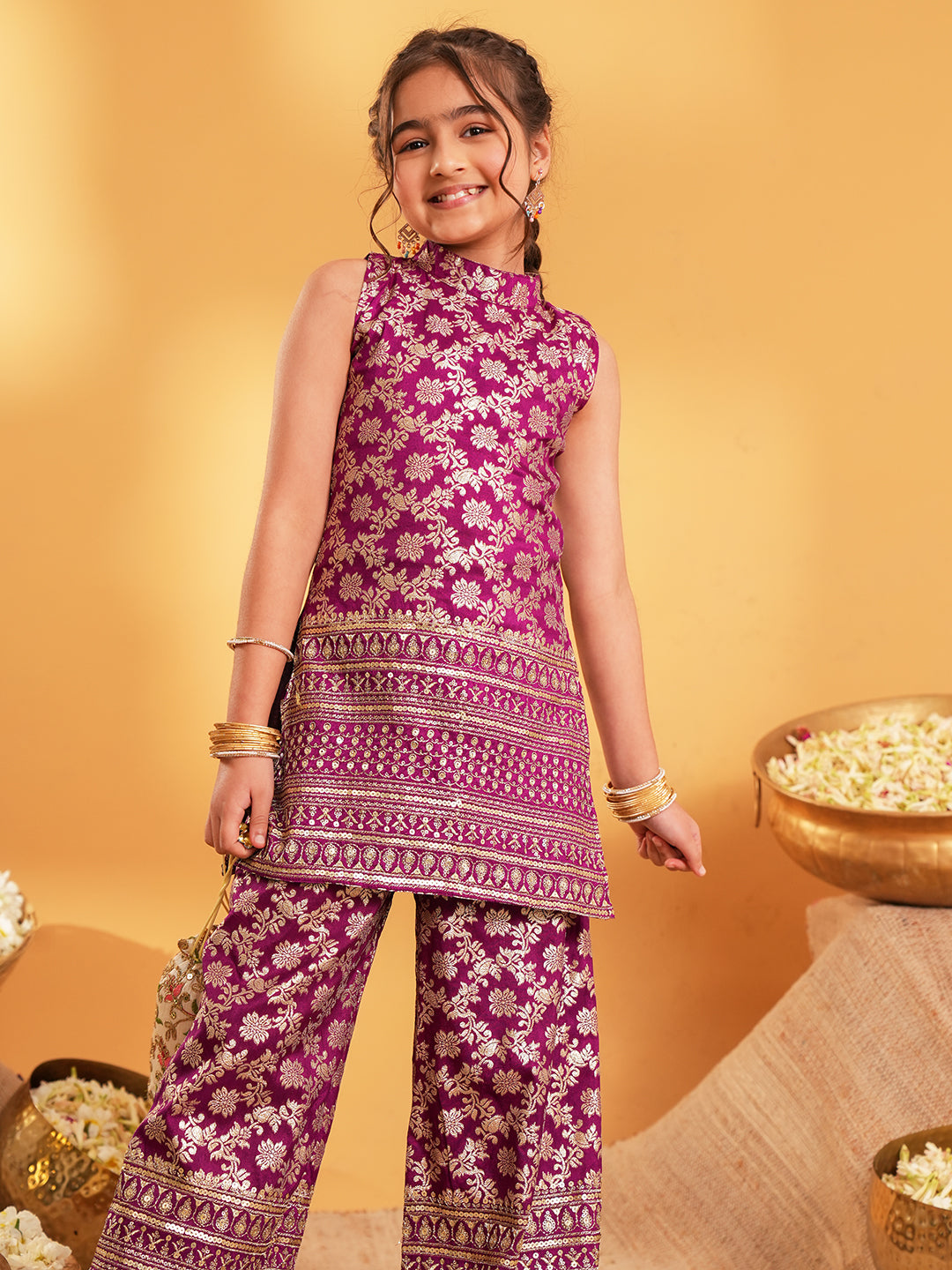 Purple Heavy Embroidered Brocade Kurti and Palazzo For Girls