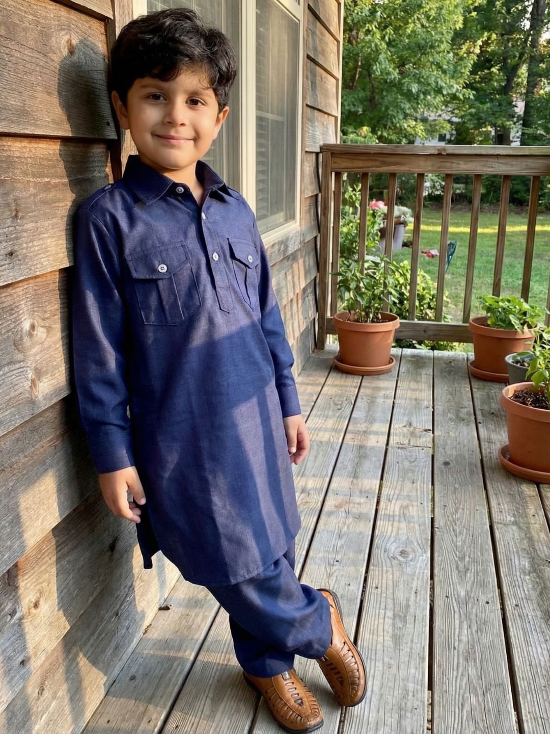 Boys Blue Solid Cotton Blend Pathani Suit Set for Kids