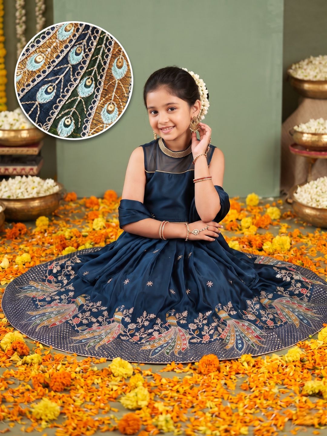 Blue Heavy Embroidered Cotton Blend lehenga choli and dupatta For Girls