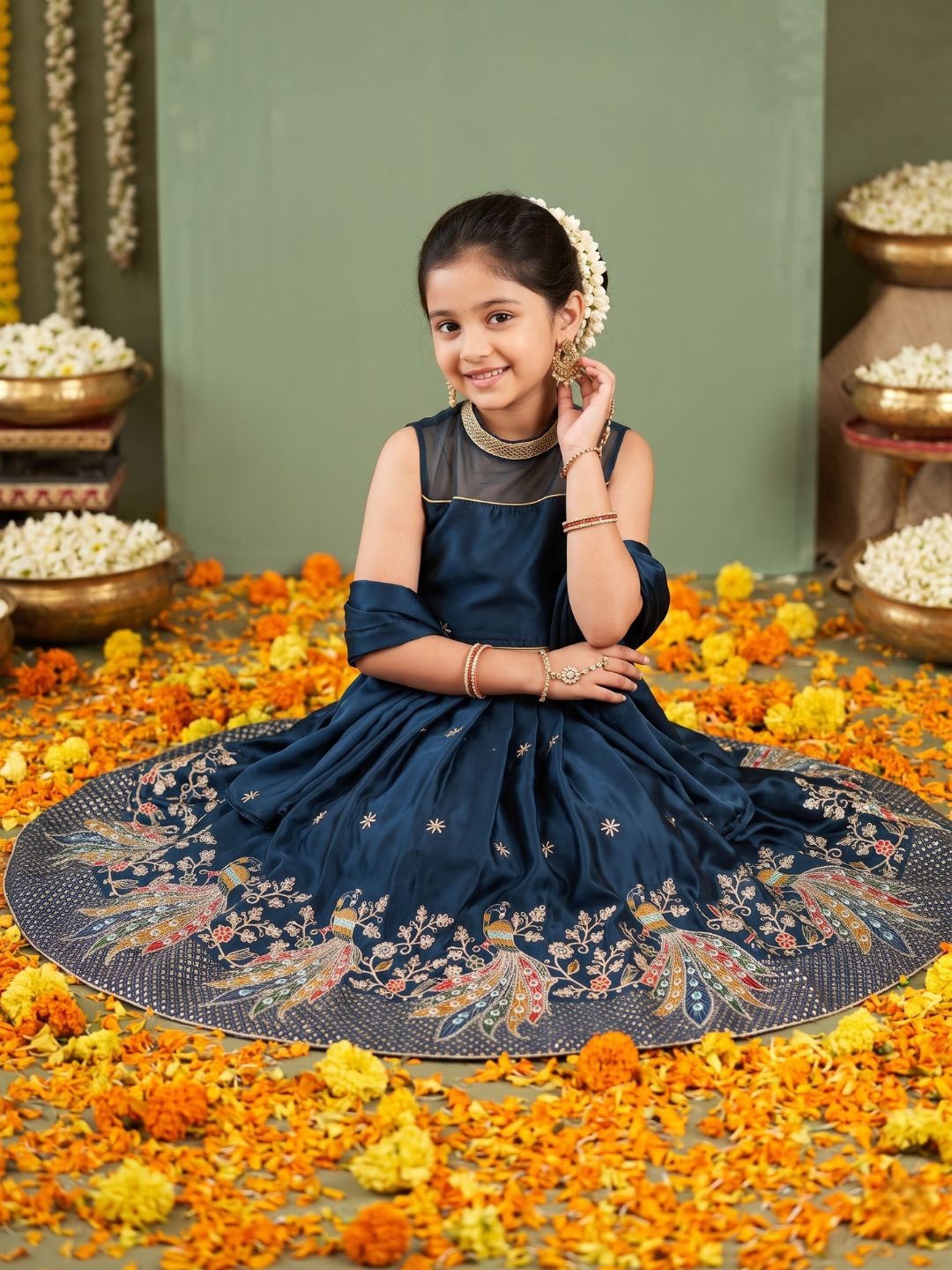 Blue Heavy Embroidered Cotton Blend lehenga choli and dupatta For Girls