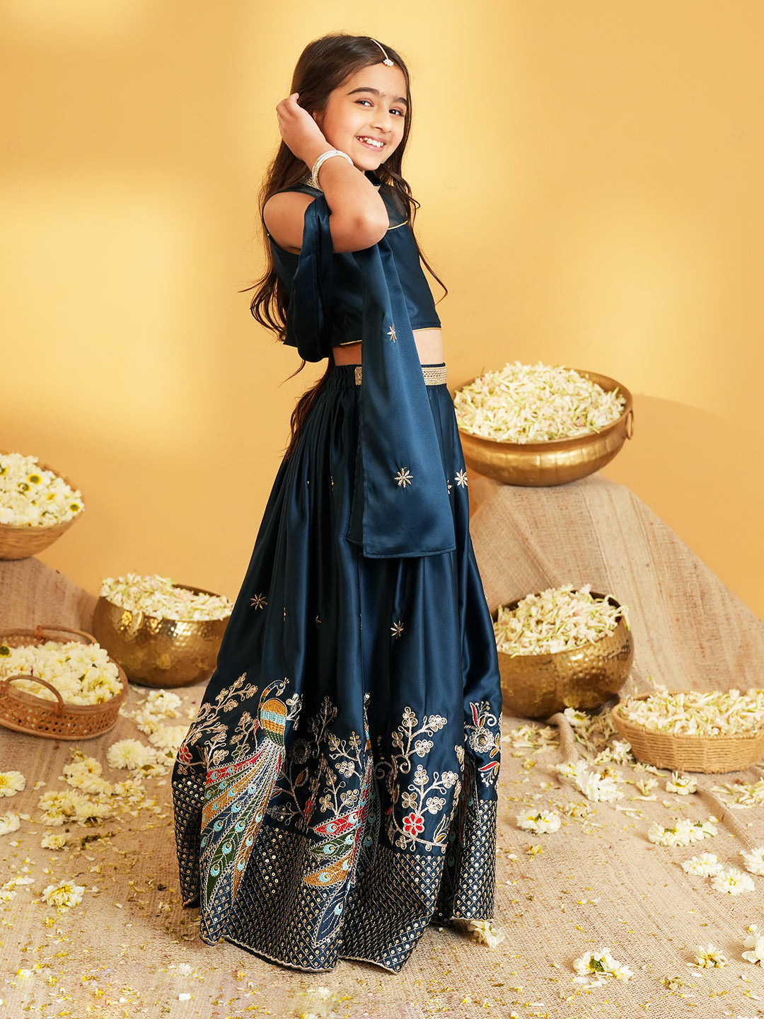 Blue Heavy Embroidered Cotton Blend lehenga choli and dupatta For Girls