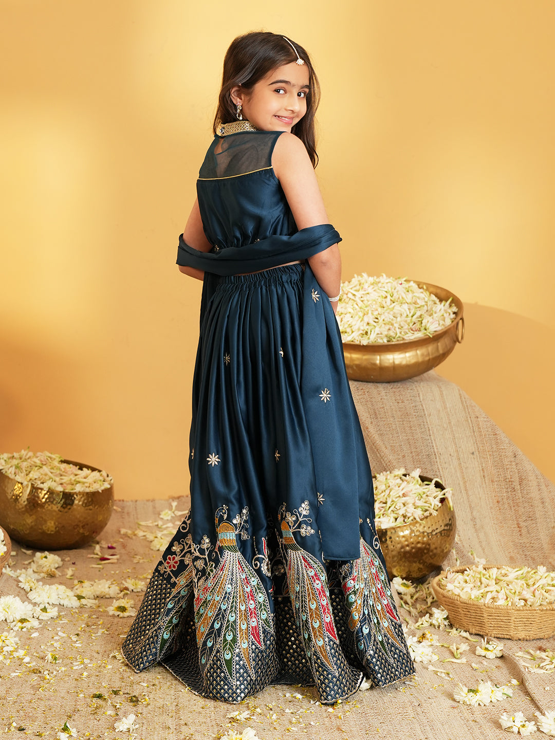 Blue Heavy Embroidered Cotton Blend lehenga choli and dupatta For Girls