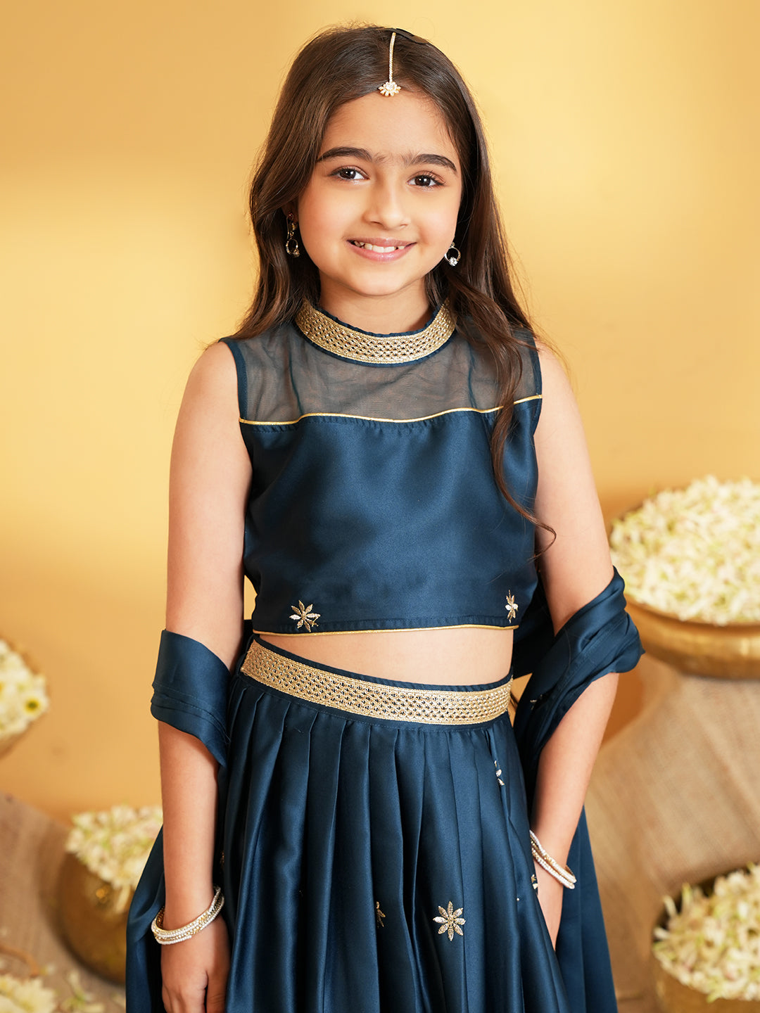 Blue Heavy Embroidered Cotton Blend lehenga choli and dupatta For Girls