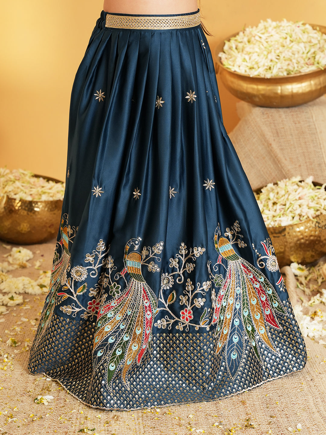 Blue Heavy Embroidered Cotton Blend lehenga choli and dupatta For Girls