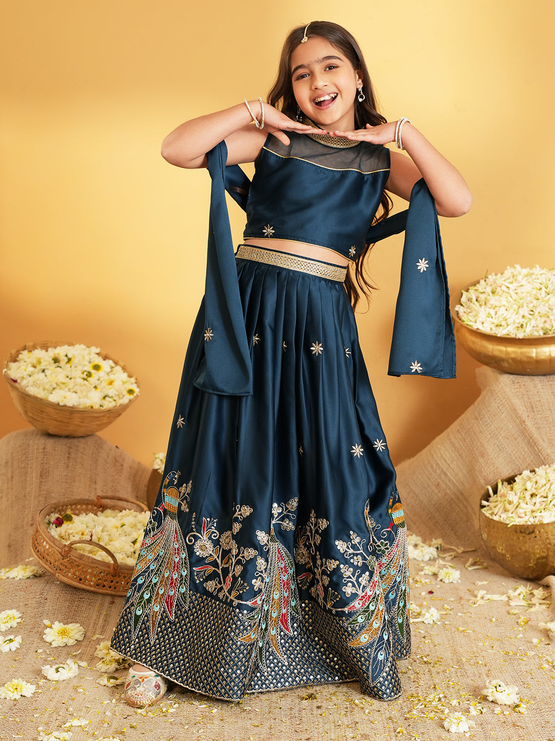 Blue Heavy Embroidered Cotton Blend lehenga choli and dupatta For Girls