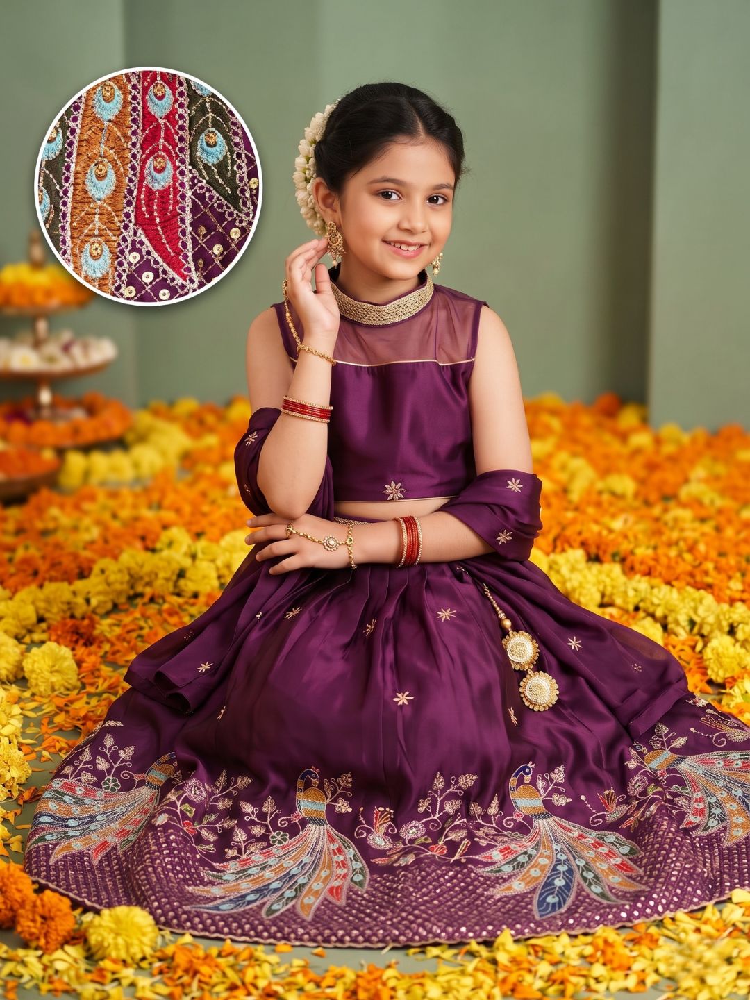 Wine Heavy Embroidered Cotton Blend lehenga choli and dupatta For Girls