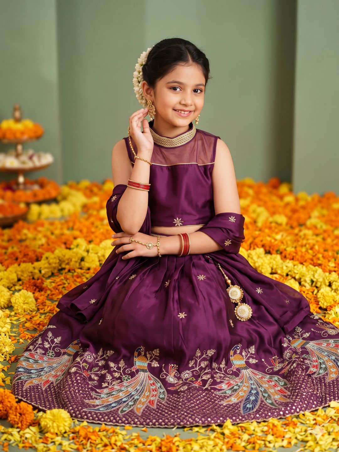 Wine Heavy Embroidered Cotton Blend lehenga choli and dupatta For Girls