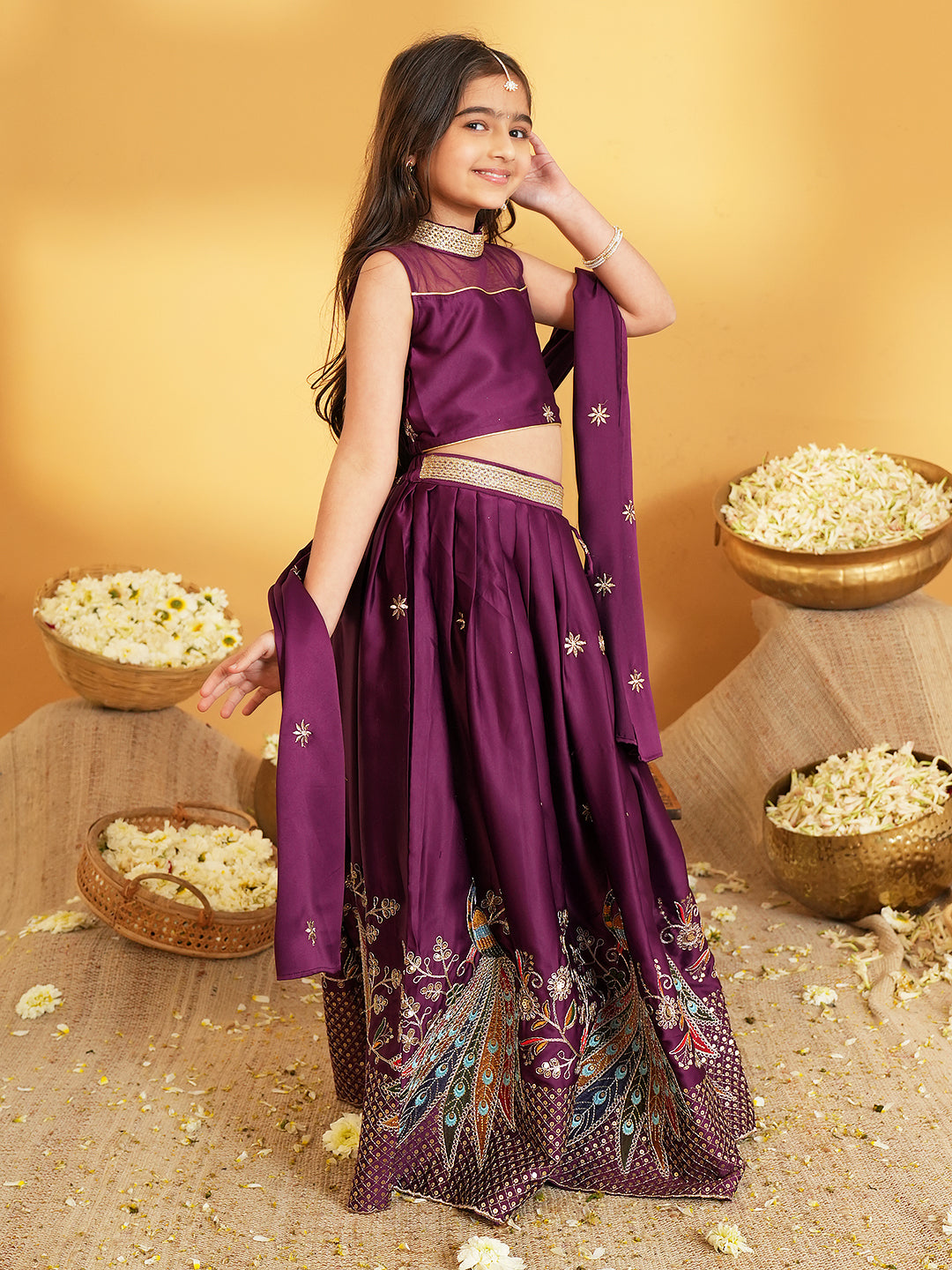 Wine Heavy Embroidered Cotton Blend lehenga choli and dupatta For Girls