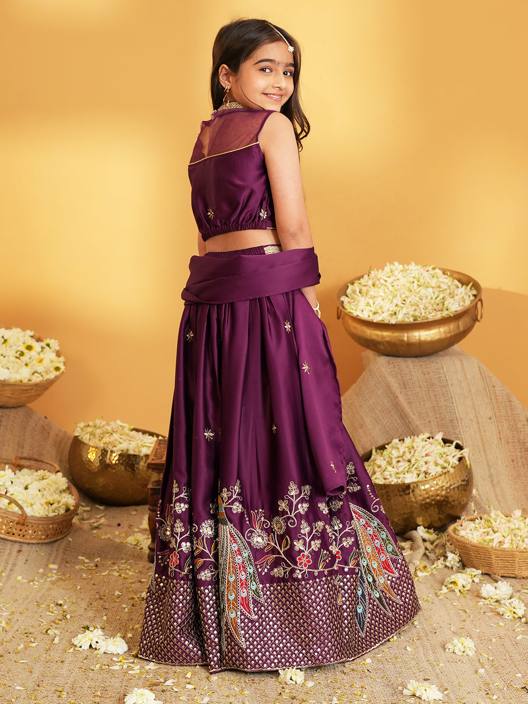 Wine Heavy Embroidered Cotton Blend lehenga choli and dupatta For Girls