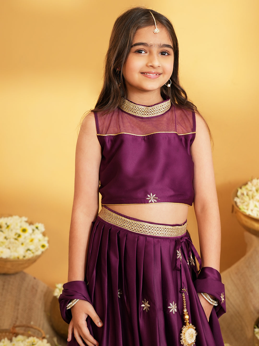 Wine Heavy Embroidered Cotton Blend lehenga choli and dupatta For Girls