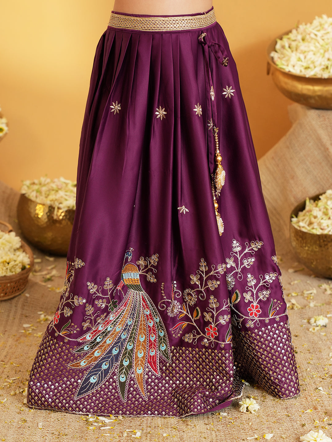 Wine Heavy Embroidered Cotton Blend lehenga choli and dupatta For Girls