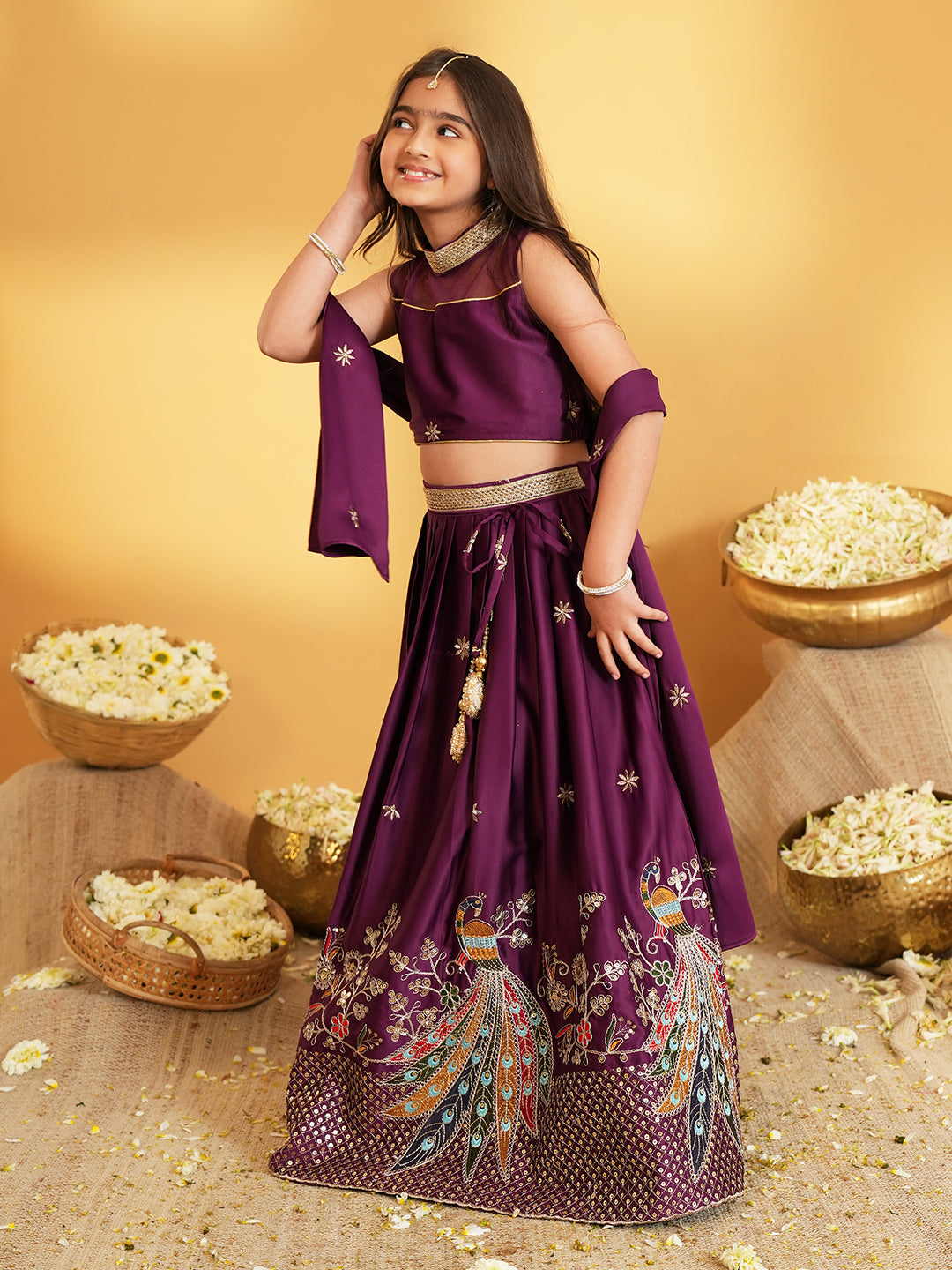 Wine Heavy Embroidered Cotton Blend lehenga choli and dupatta For Girls