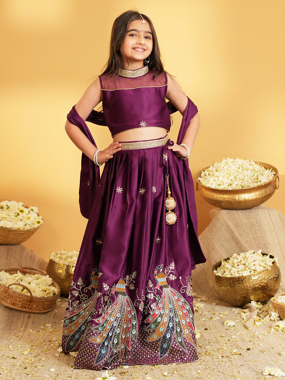 Wine Heavy Embroidered Cotton Blend lehenga choli and dupatta For Girls