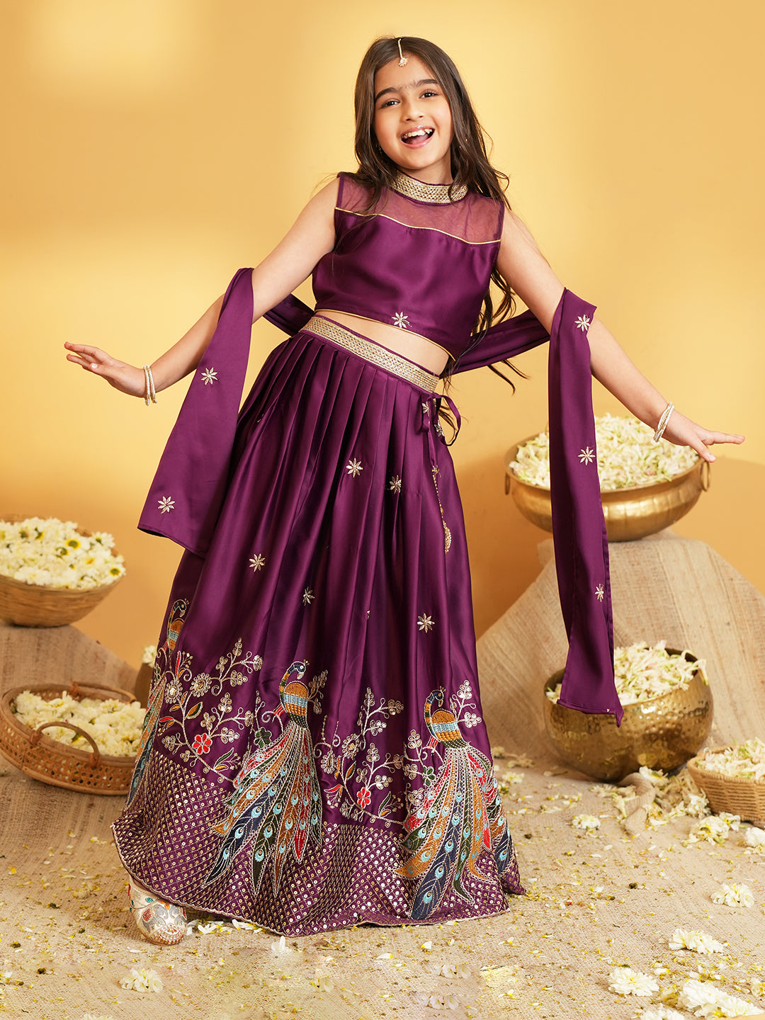 Wine Heavy Embroidered Cotton Blend lehenga choli and dupatta For Girls