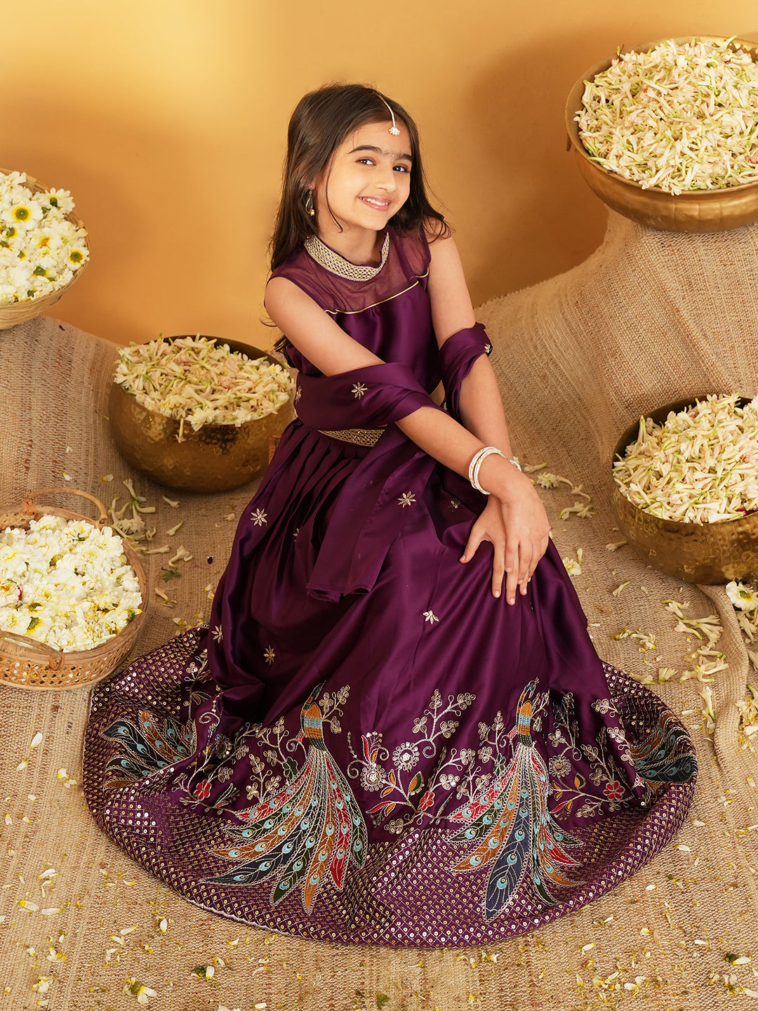 Wine Heavy Embroidered Cotton Blend lehenga choli and dupatta For Girls