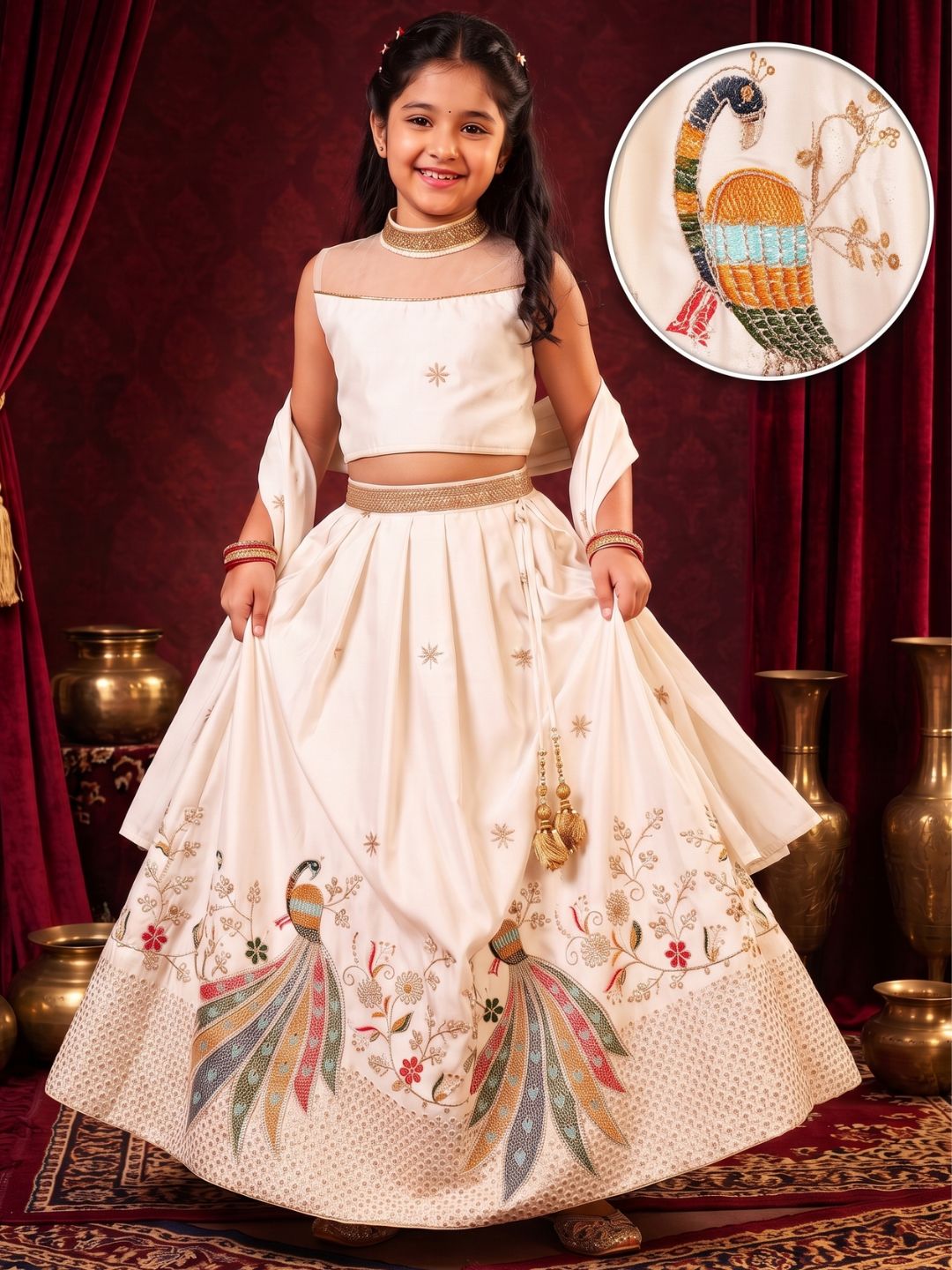 White Heavy Embroidered Cotton Blend lehenga choli and dupatta For Girls