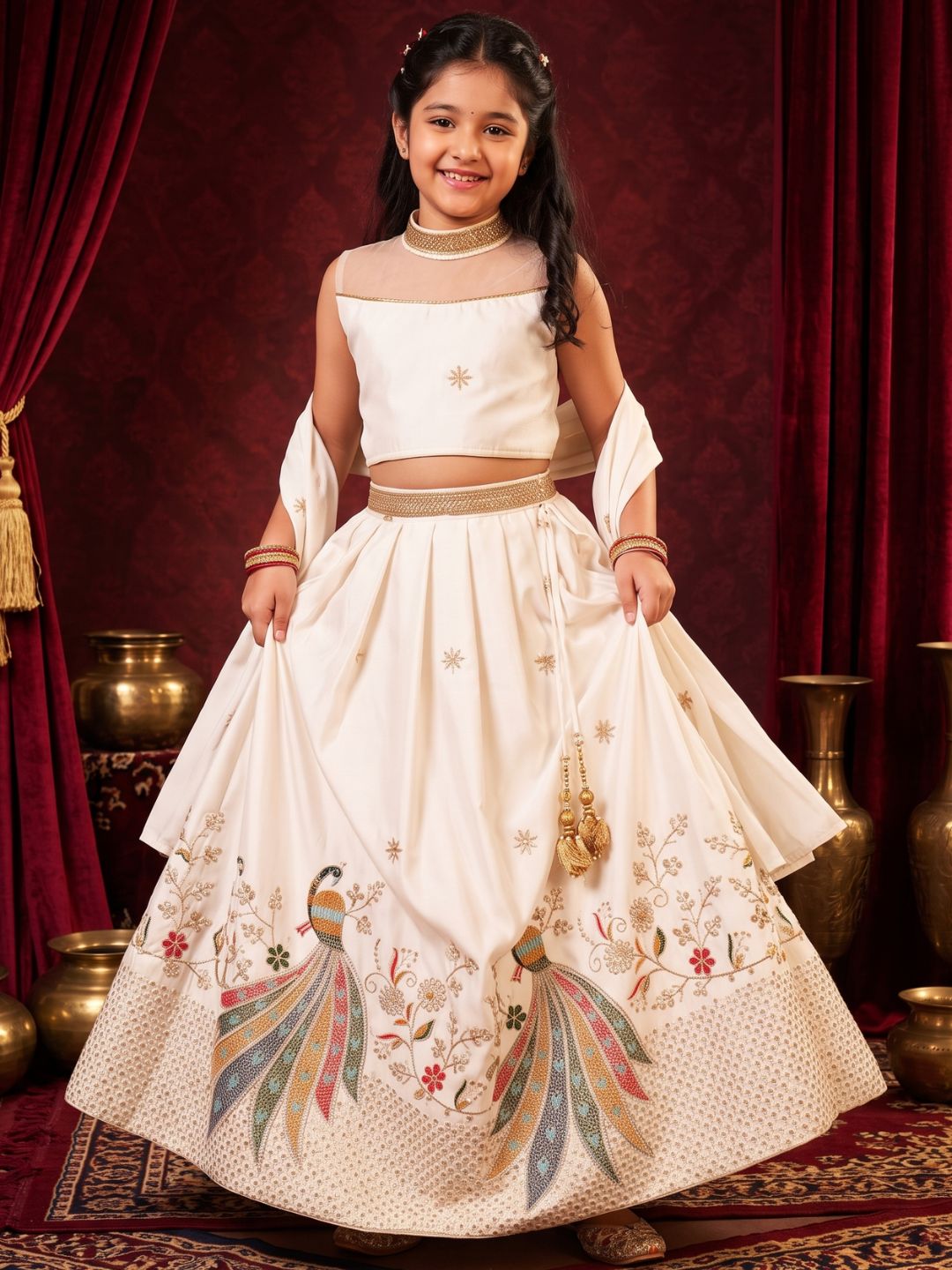 White Heavy Embroidered Cotton Blend lehenga choli and dupatta For Girls