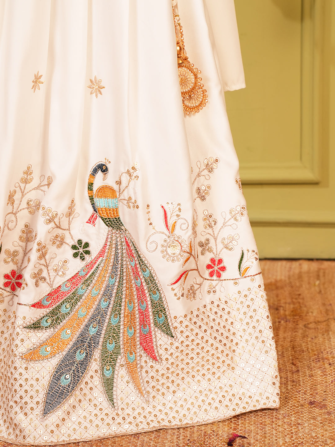 White Heavy Embroidered Cotton Blend lehenga choli and dupatta For Girls