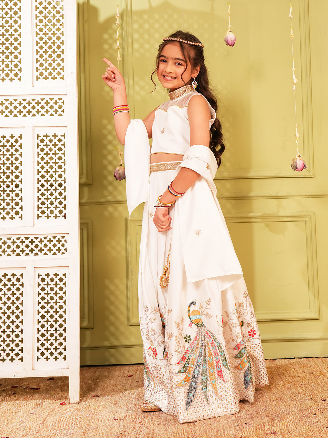 White Heavy Embroidered Cotton Blend lehenga choli and dupatta For Girls